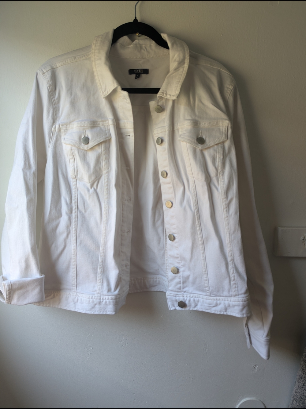 NYDJ White Denim Jacket with Button-Front and Chest Pockets